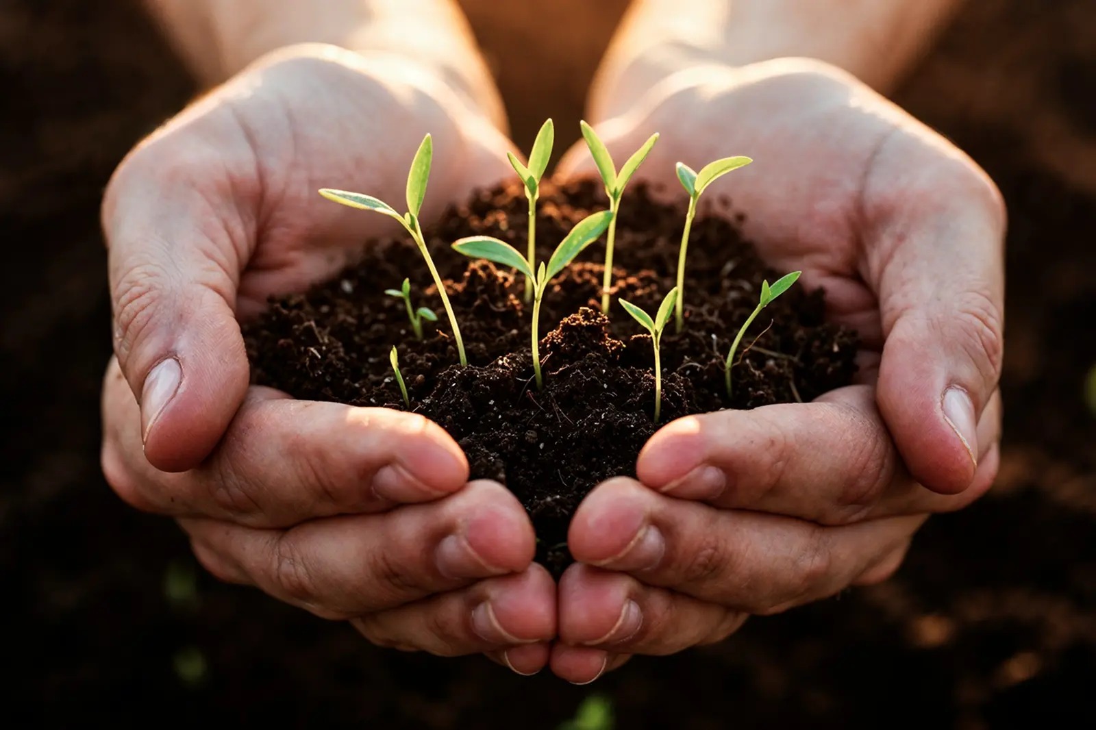 Hands nurturing young plants in healthy soil